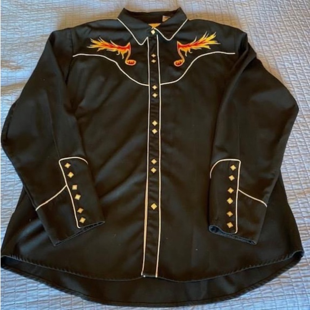 Scully Western Shirt with Pearl Snap Buttons and Embroidered Flaming Music Notes